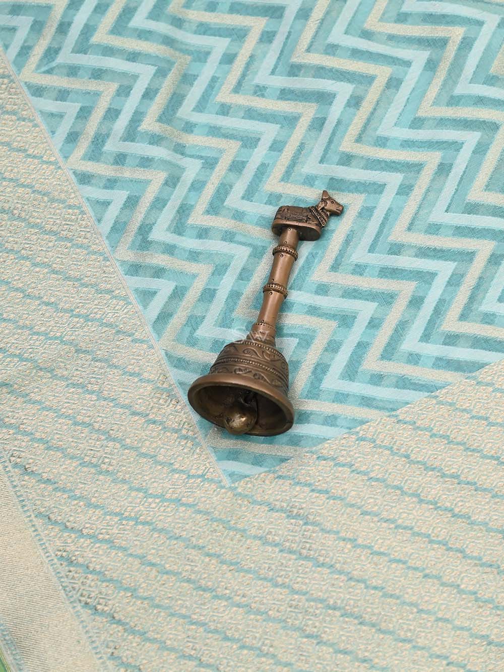 Sea Green Stripe Cotton Silk Handloom Banarasi Saree - Sacred Weaves