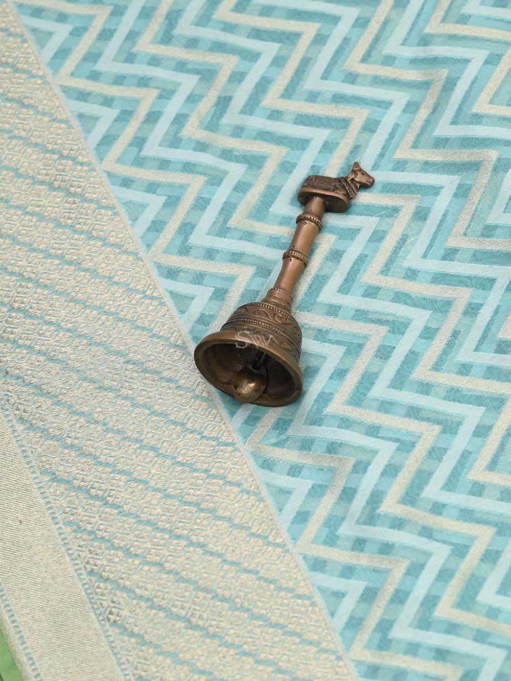 Sea Green Stripe Cotton Silk Handloom Banarasi Saree - Sacred Weaves