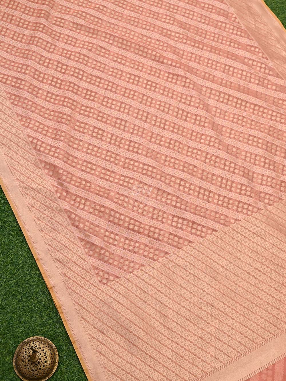 Peach Stripe Cotton Silk Handloom Banarasi Saree - Sacred Weaves