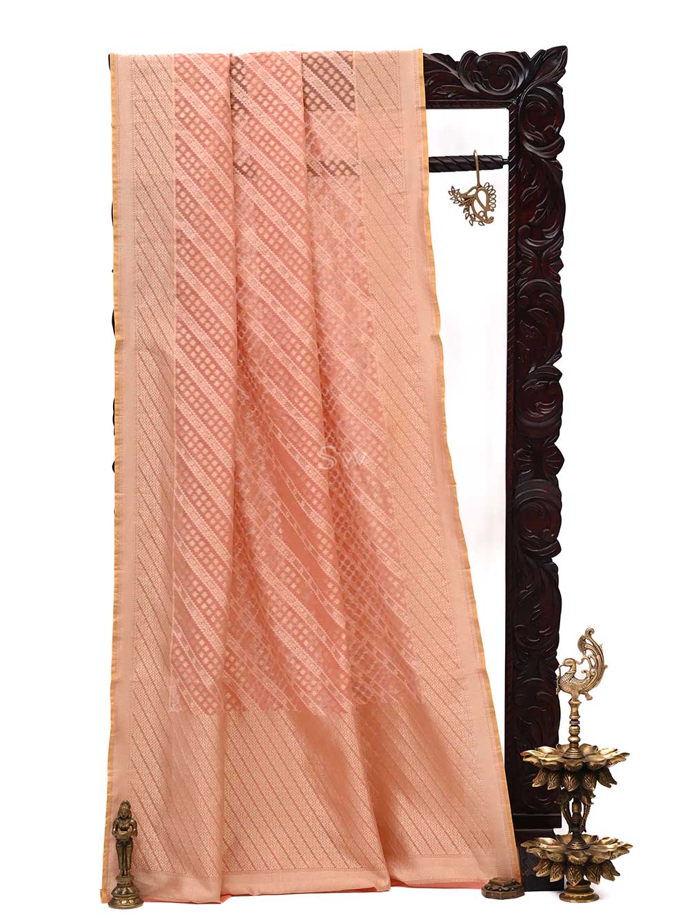 Peach Stripe Cotton Silk Handloom Banarasi Saree - Sacred Weaves