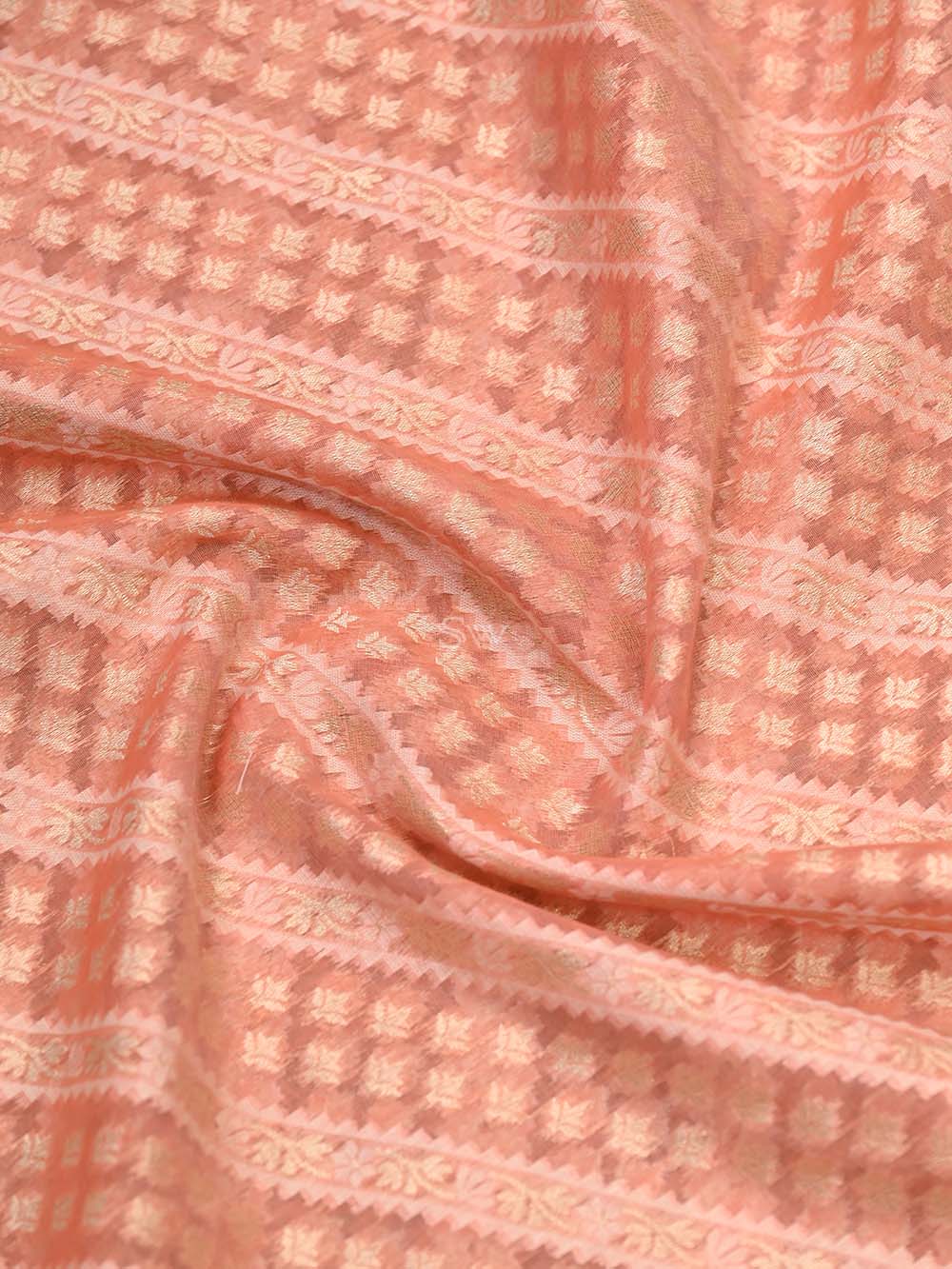 Peach Stripe Cotton Silk Handloom Banarasi Saree - Sacred Weaves