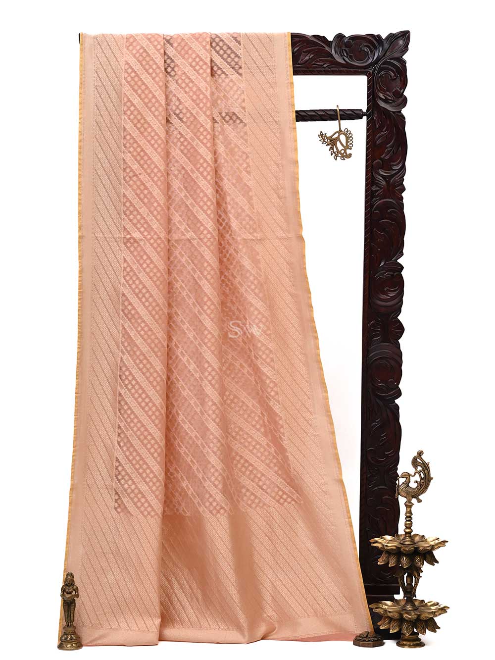 Peach Stripe Cotton Silk Handloom Banarasi Saree - Sacred Weaves