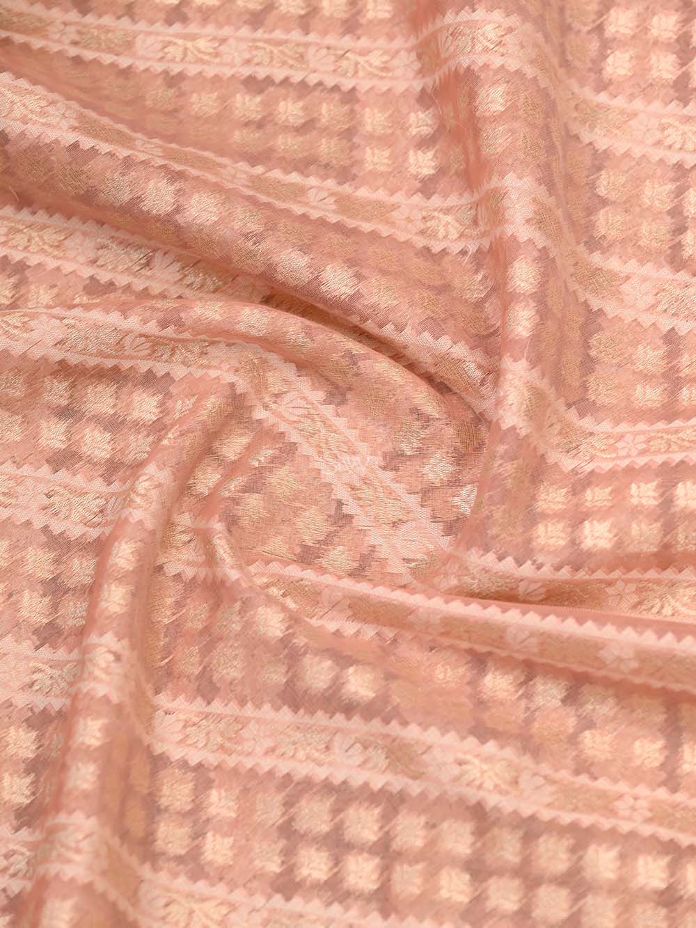 Peach Stripe Cotton Silk Handloom Banarasi Saree - Sacred Weaves