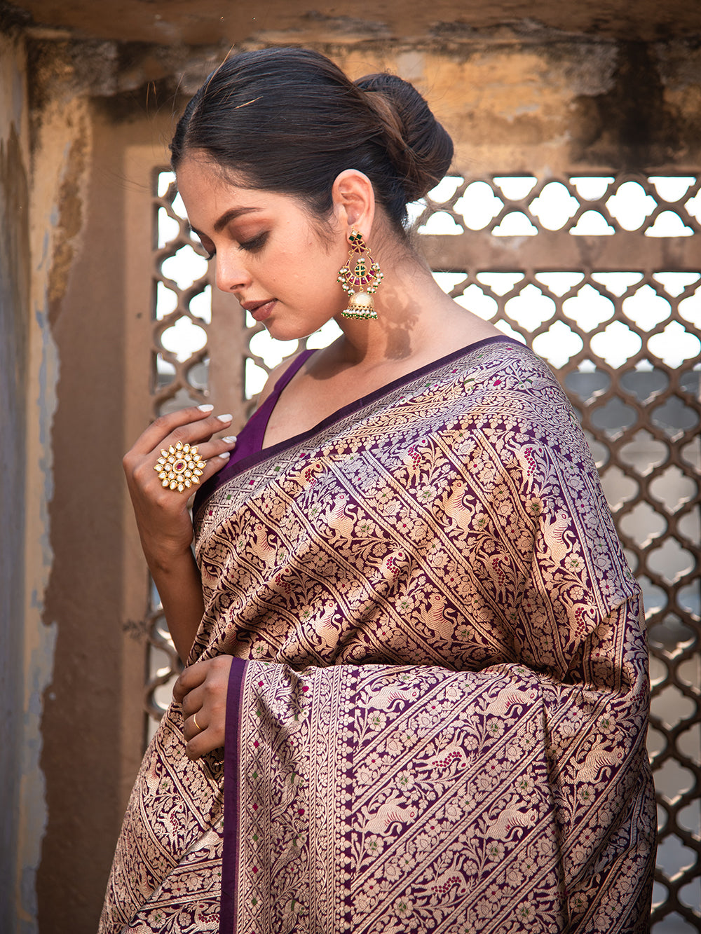 Purple Katan Silk Shikargah Brocade Handloom Banarasi Saree - Sacred Weaves