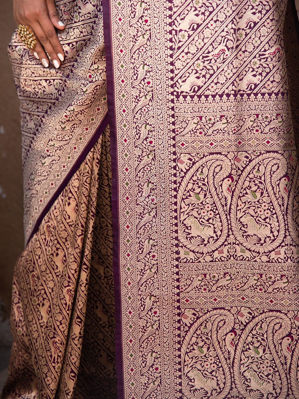 Purple Katan Silk Shikargah Brocade Handloom Banarasi Saree - Sacred Weaves