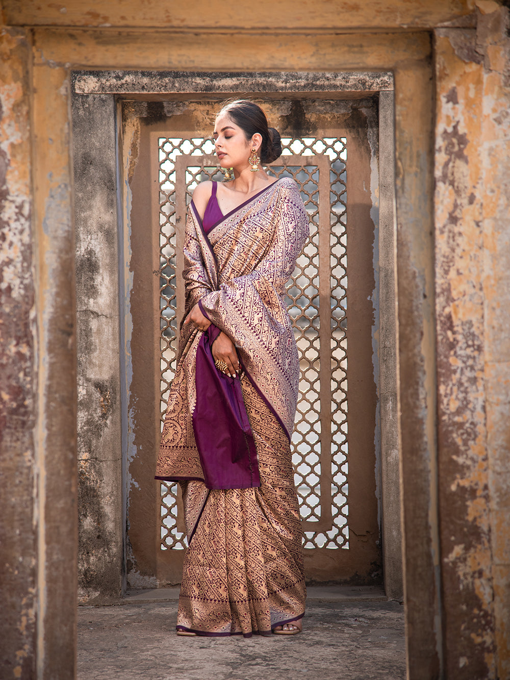 Purple Katan Silk Shikargah Brocade Handloom Banarasi Saree - Sacred Weaves