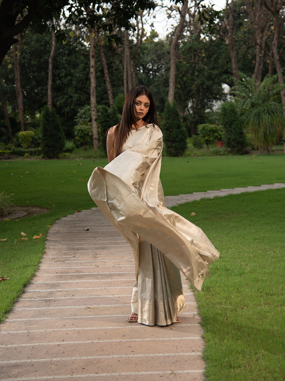 Light Grey Boota Katan Silk Handloom Banarasi Saree - Sacred Weaves