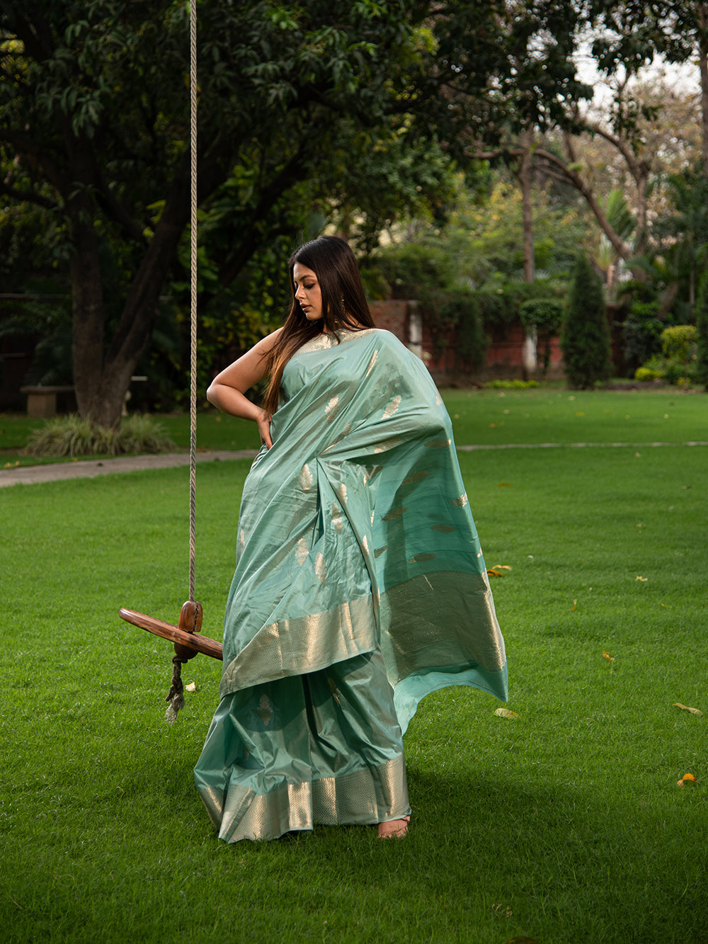 Mint Blue Boota Katan Silk Handloom Banarasi Saree - Sacred Weaves