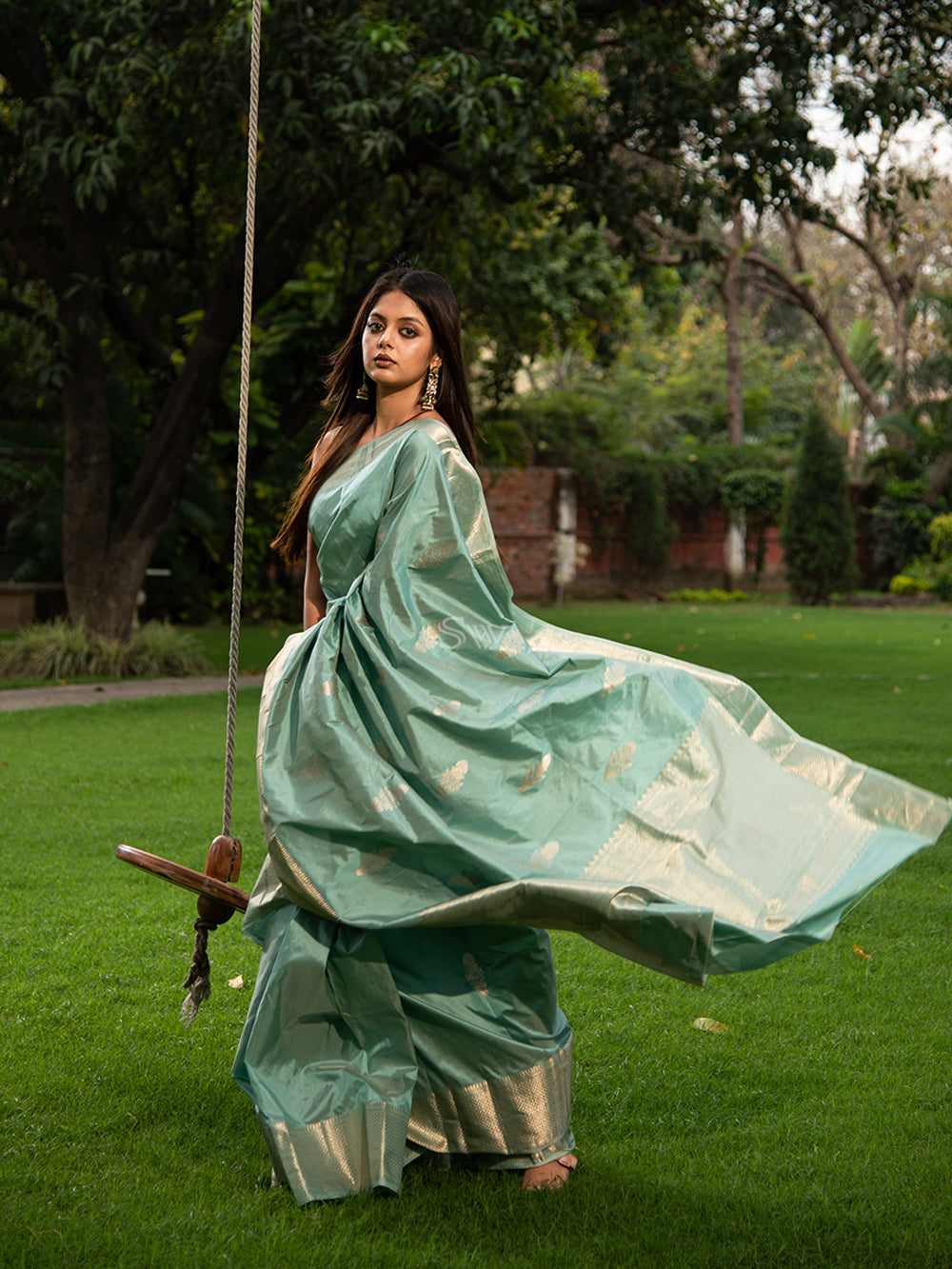 Mint Blue Boota Katan Silk Handloom Banarasi Saree - Sacred Weaves