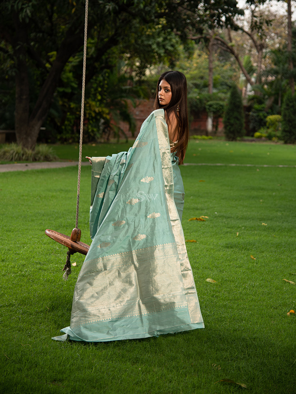 Mint Blue Boota Katan Silk Handloom Banarasi Saree - Sacred Weaves