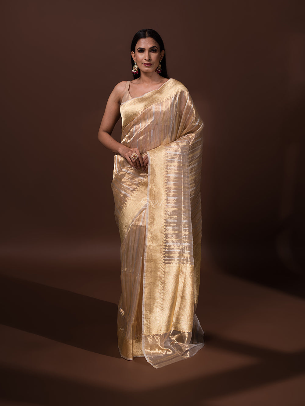 Beige Gold Tissue Handloom Banarasi Saree - Sacred Weaves