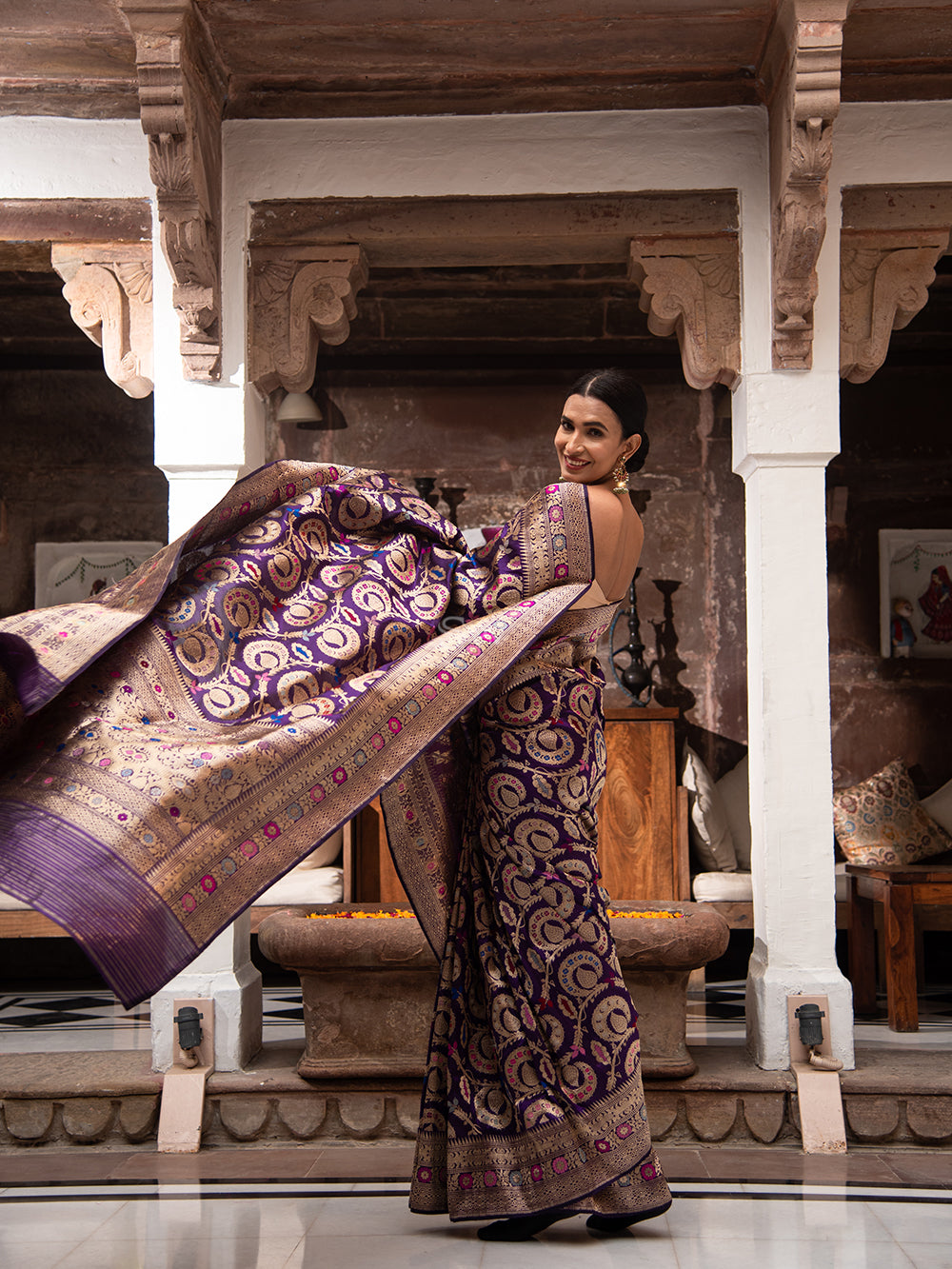 Purple Meenakari Katan Silk Handloom Banarasi Saree - Sacred Weaves