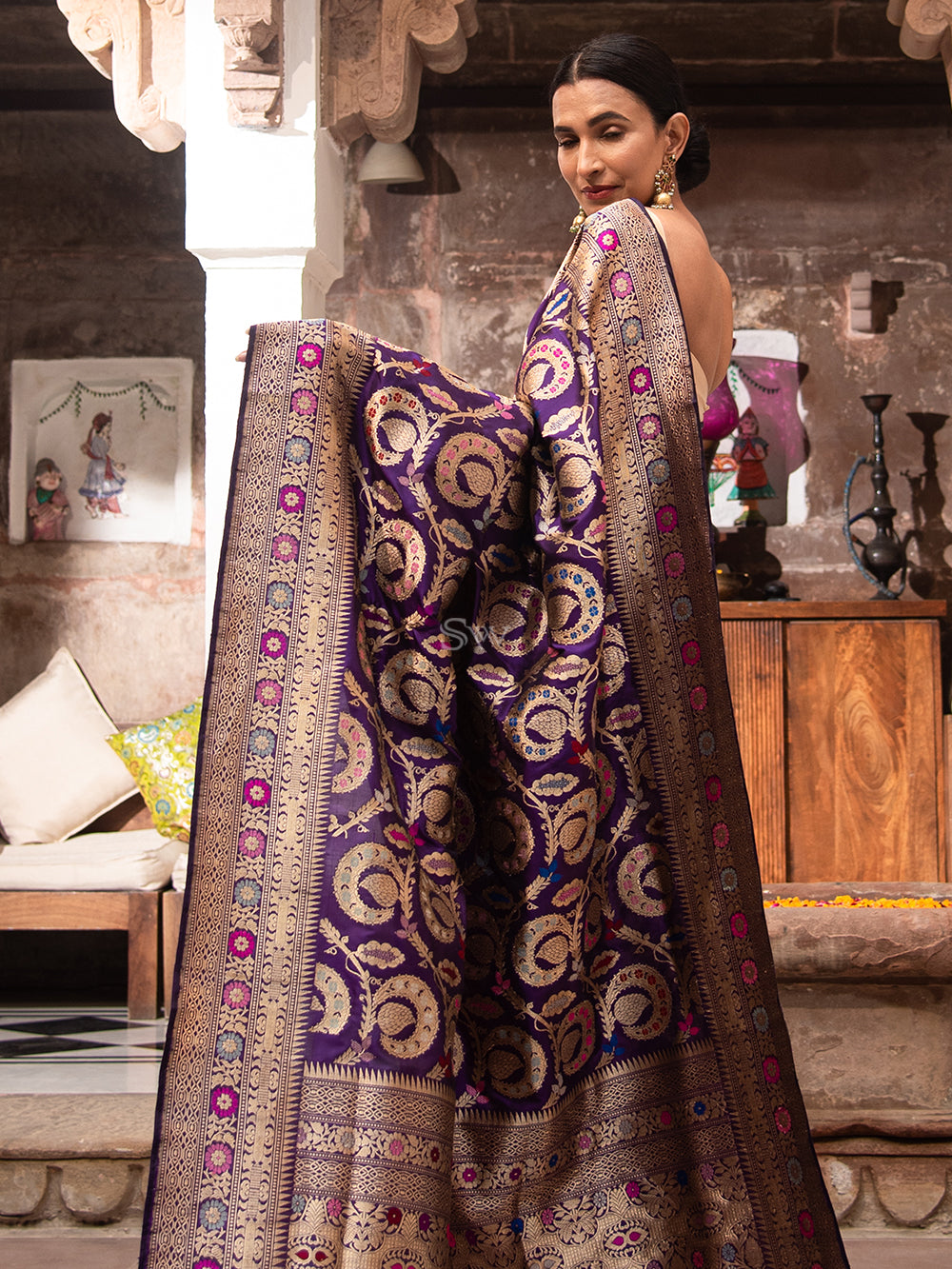 Purple Meenakari Katan Silk Handloom Banarasi Saree - Sacred Weaves