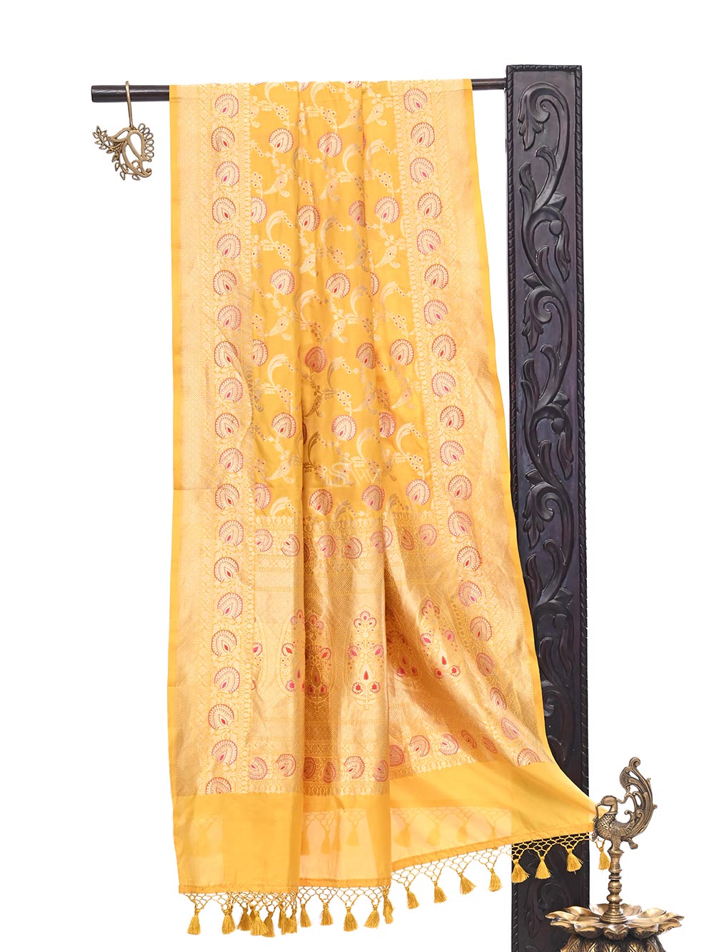 Yellow Jaal Katan Silk Handloom Banarasi Dupatta - Sacred Weaves