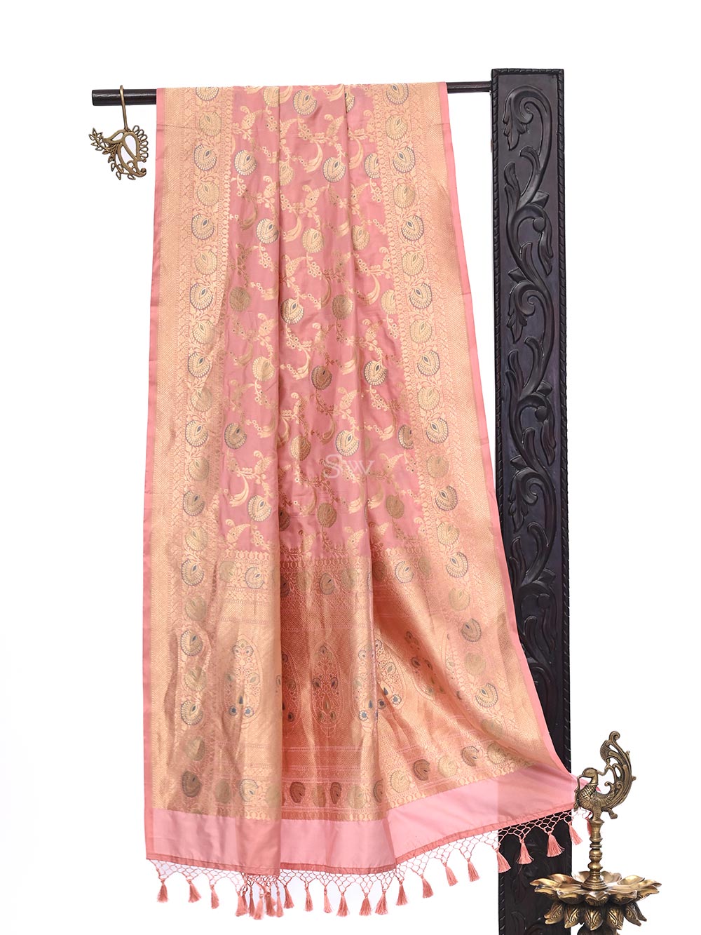 Pastel Pink Jaal Katan Silk Handloom Banarasi Dupatta - Sacred Weaves