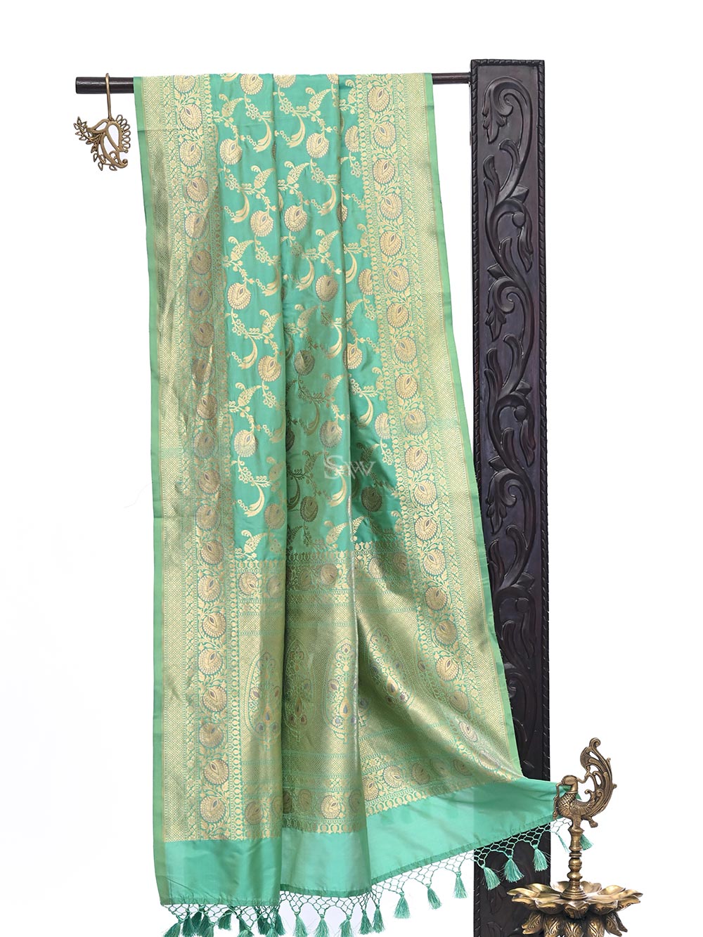 Sea Green Jaal Katan Silk Handloom Banarasi Dupatta - Sacred Weaves