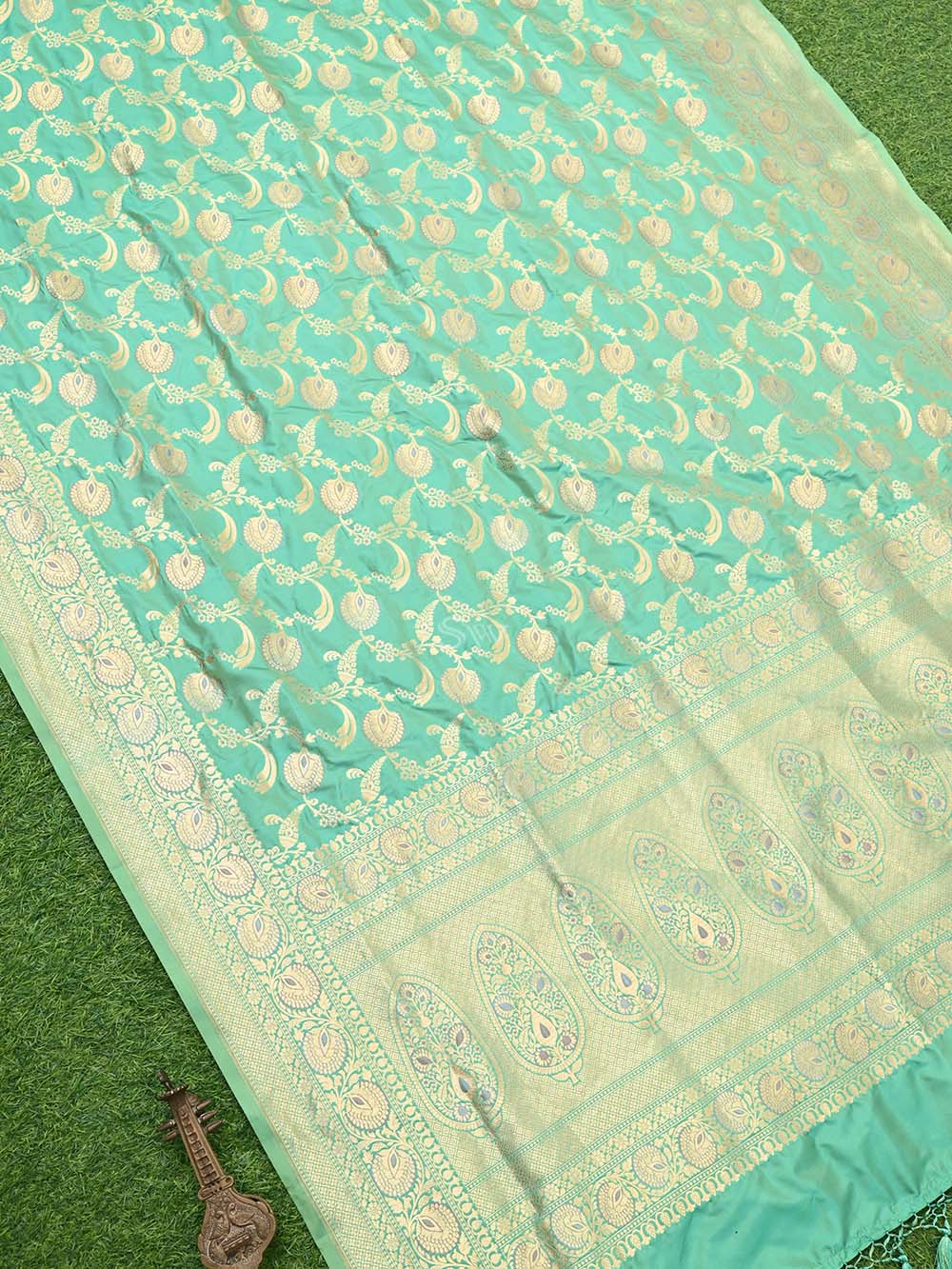 Sea Green Jaal Katan Silk Handloom Banarasi Dupatta - Sacred Weaves