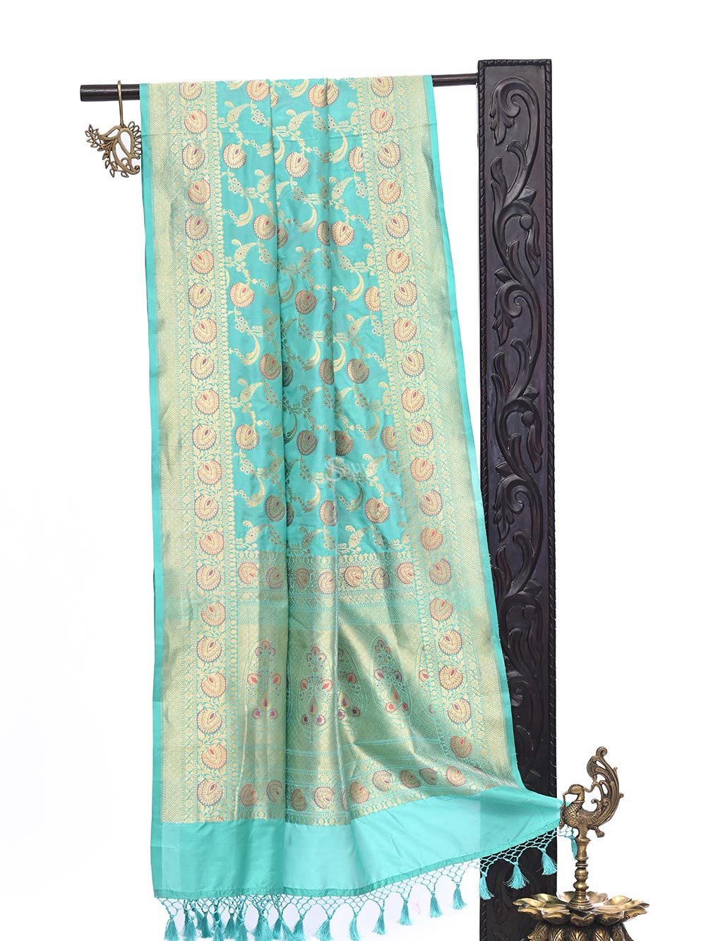 Seafoam Green Jaal Katan Silk Handloom Banarasi Dupatta - Sacred Weaves