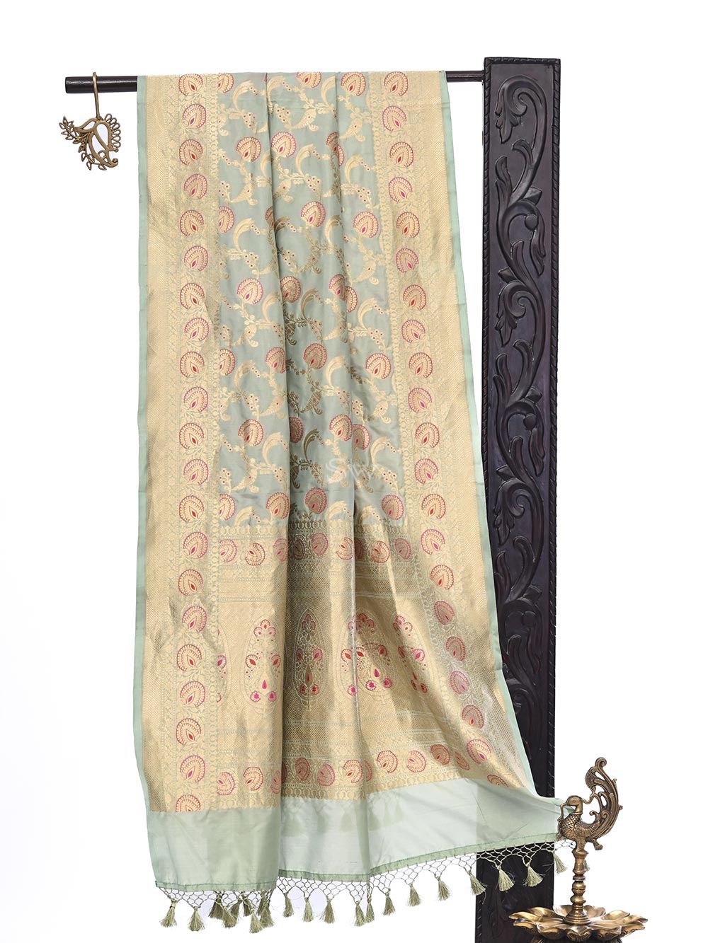Pista Green Jaal Katan Silk Handloom Banarasi Dupatta - Sacred Weaves