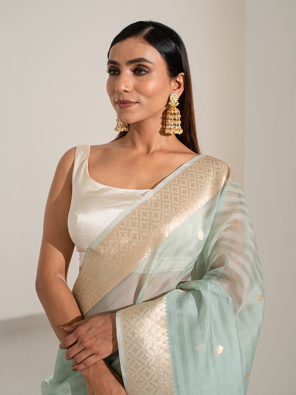 Pastel Sea Green Booti Organza Handloom Banarasi Saree - Sacred Weaves