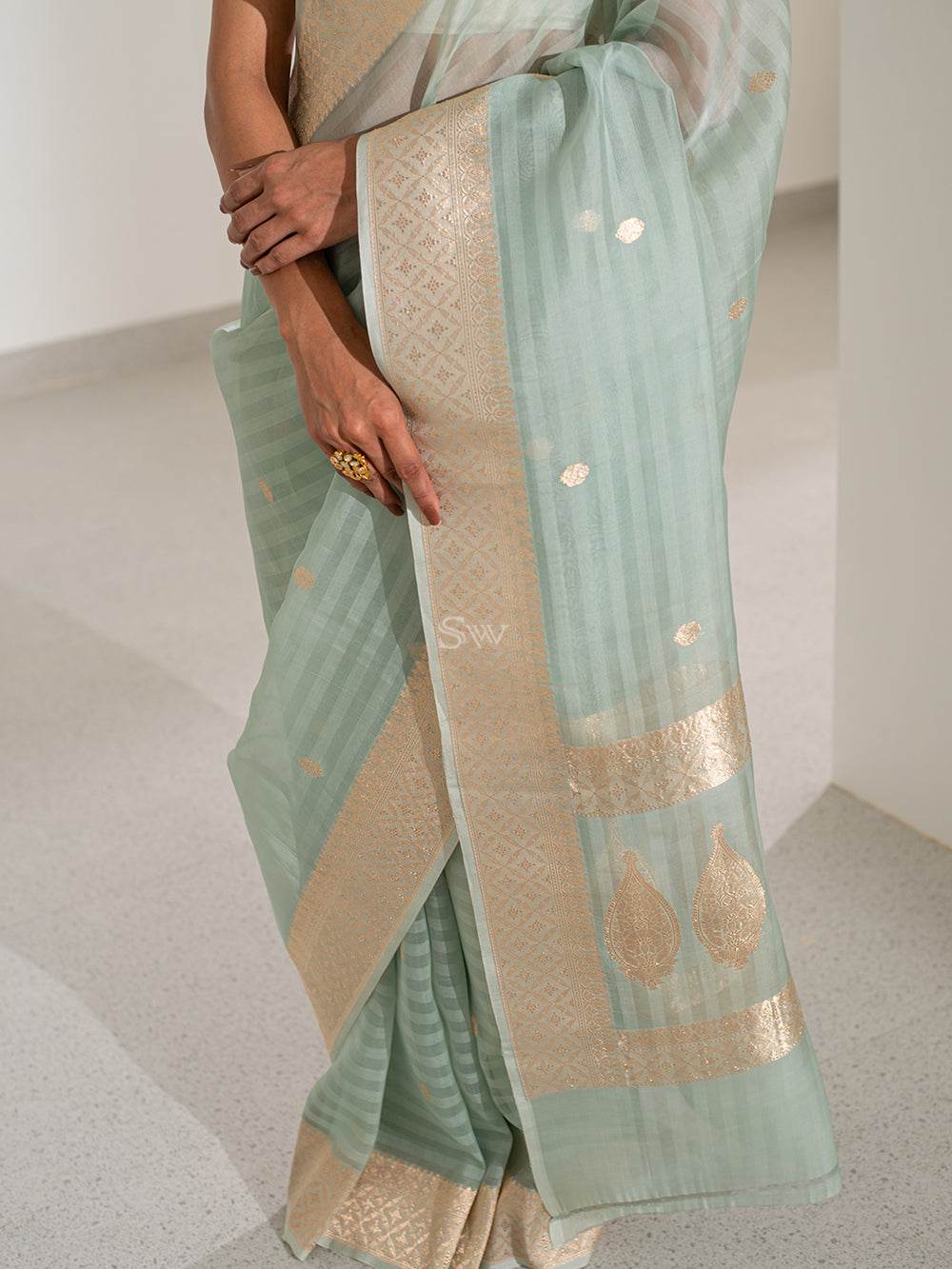 Pastel Sea Green Booti Organza Handloom Banarasi Saree - Sacred Weaves