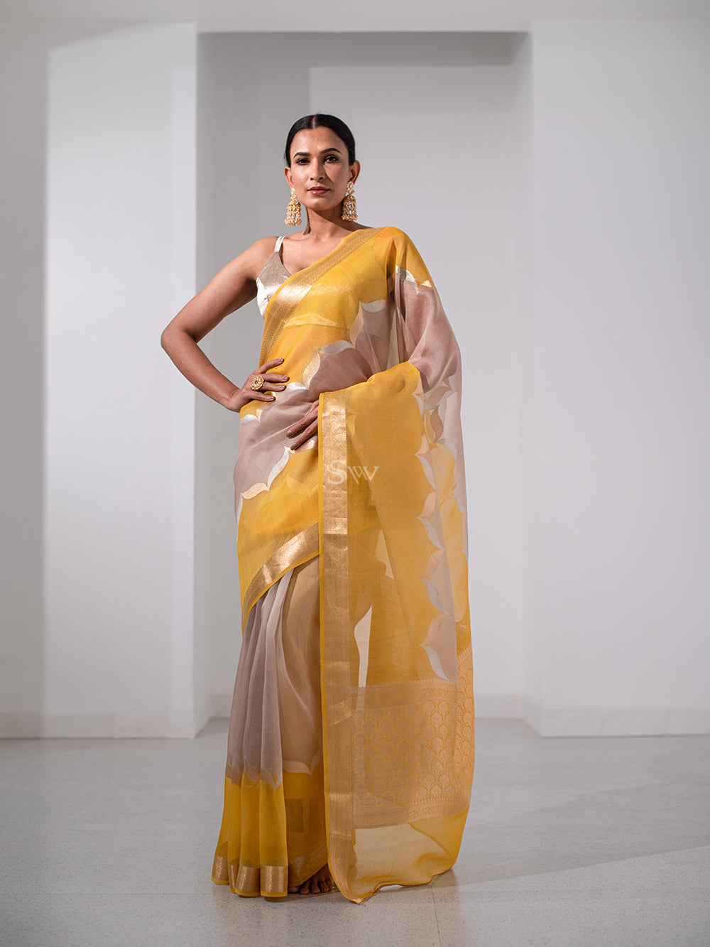 Mustard Beige Rangkat Organza Handloom Banarasi Saree - Sacred Weaves