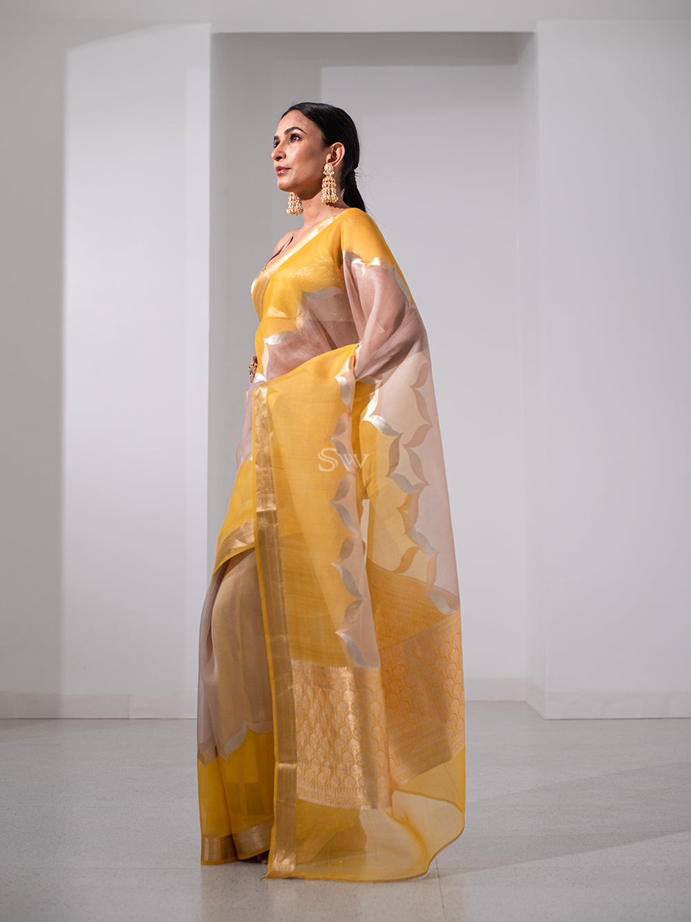 Mustard Beige Rangkat Organza Handloom Banarasi Saree - Sacred Weaves