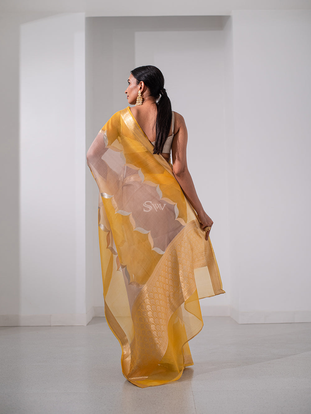 Mustard Beige Rangkat Organza Handloom Banarasi Saree - Sacred Weaves