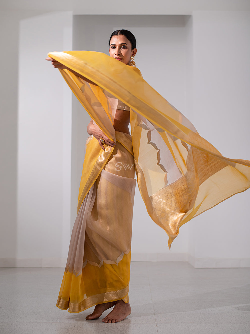 Mustard Beige Rangkat Organza Handloom Banarasi Saree - Sacred Weaves