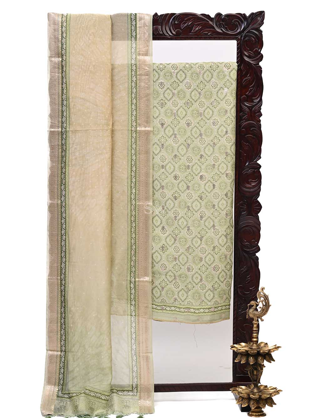 Pista Green Cotton Handloom Banarasi Suit - Sacred Weaves