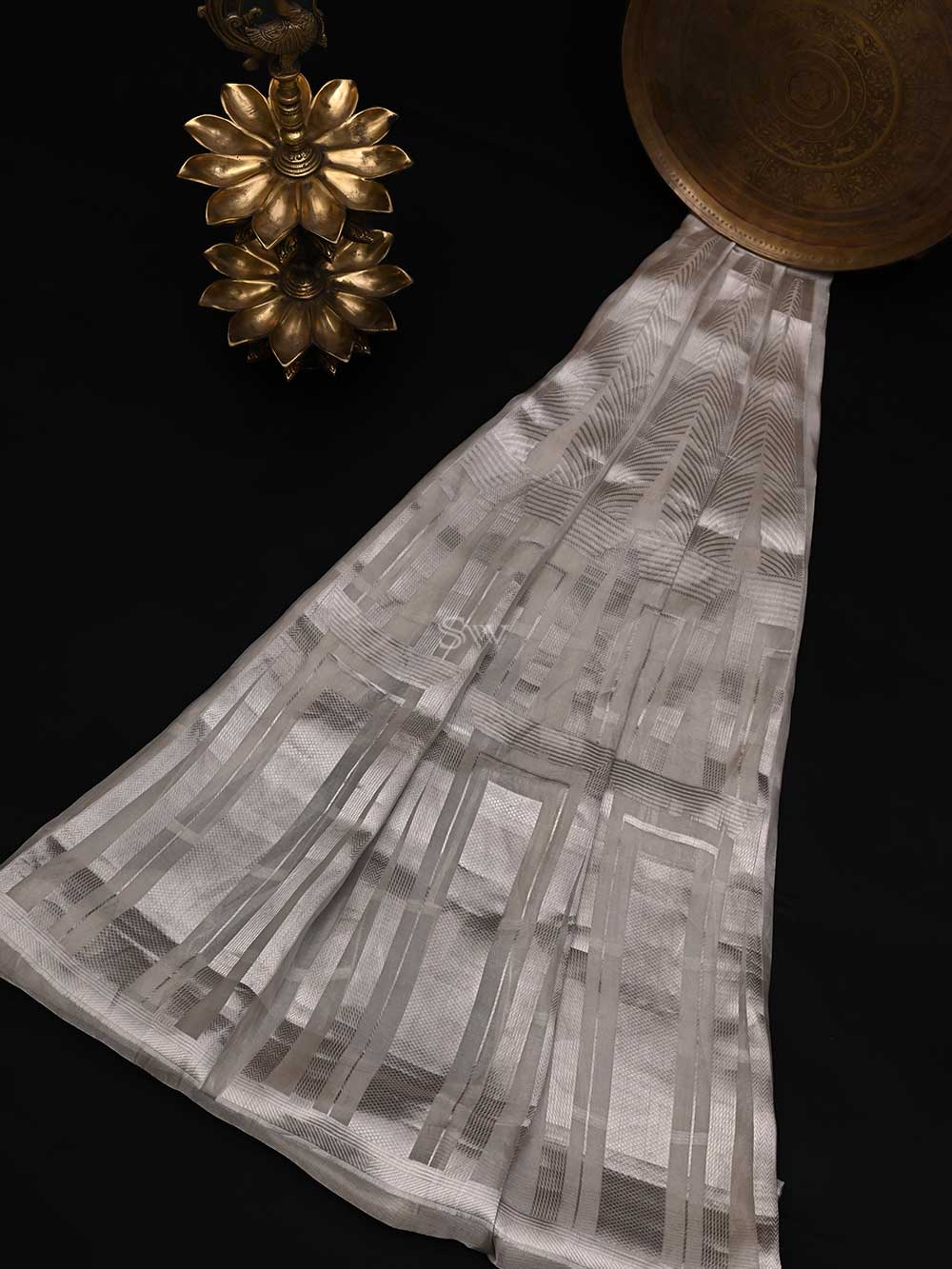 Light Grey Tissue Handloom Banarasi Lehenga - Sacred Weaves