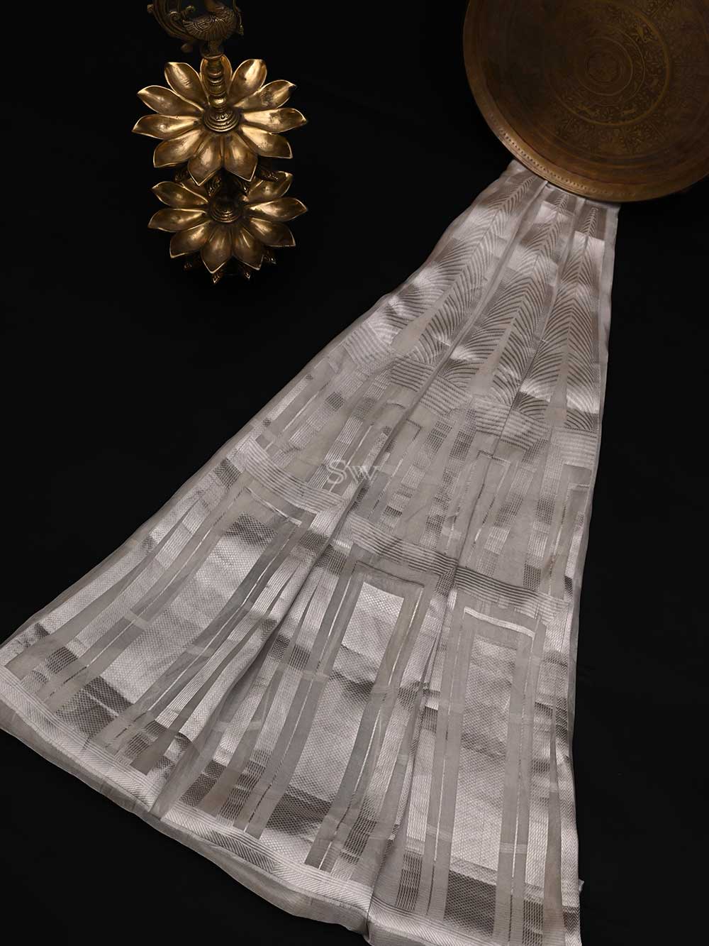 Light Grey Tissue Handloom Banarasi Lehenga - Sacred Weaves