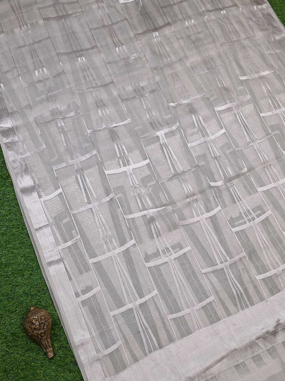 Light Grey Tissue Handloom Banarasi Lehenga - Sacred Weaves