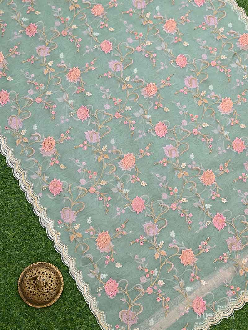 Sea Green Organza Handloom Banarasi Suit - Sacred Weaves