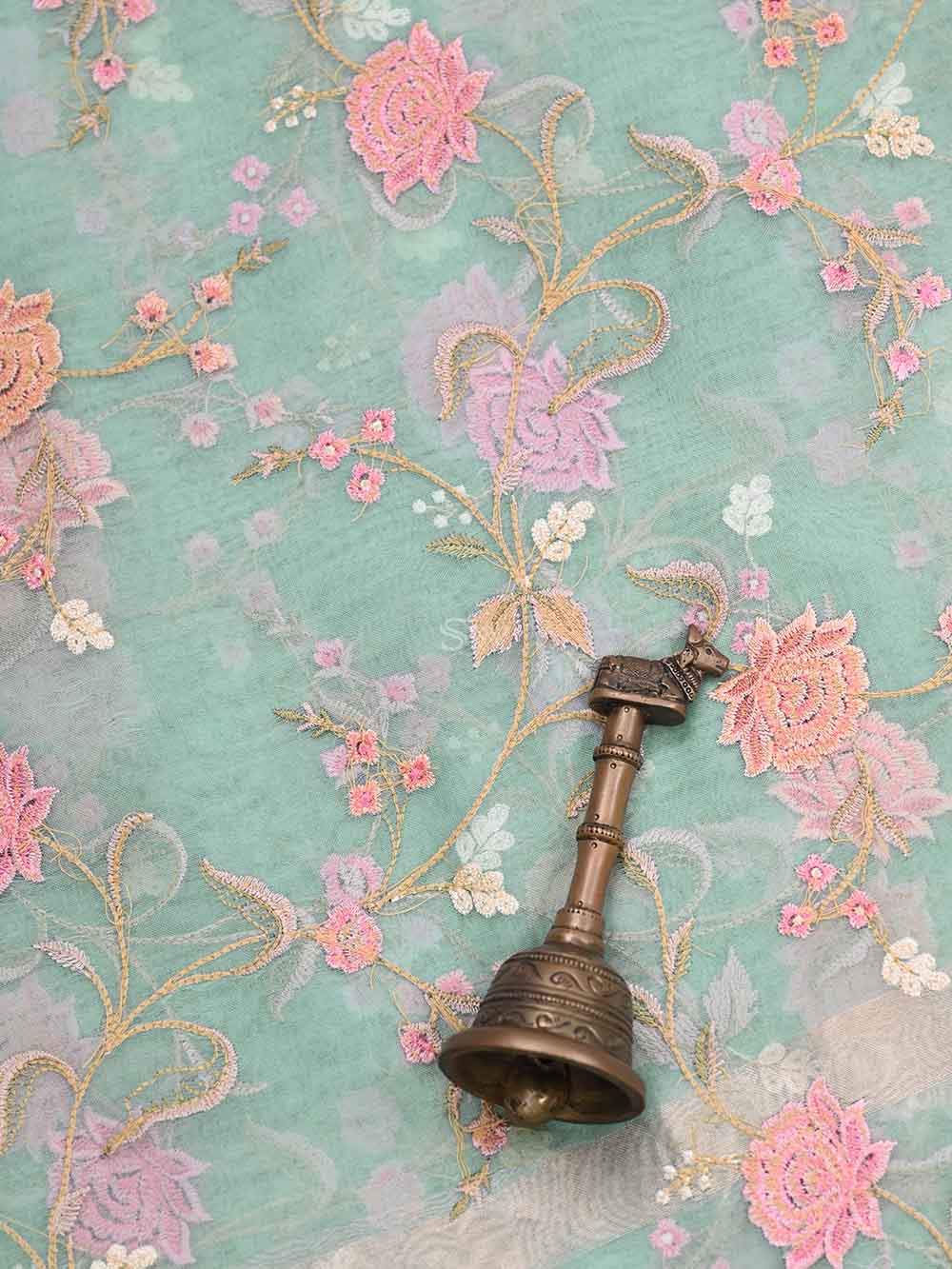 Sea Green Organza Handloom Banarasi Suit - Sacred Weaves