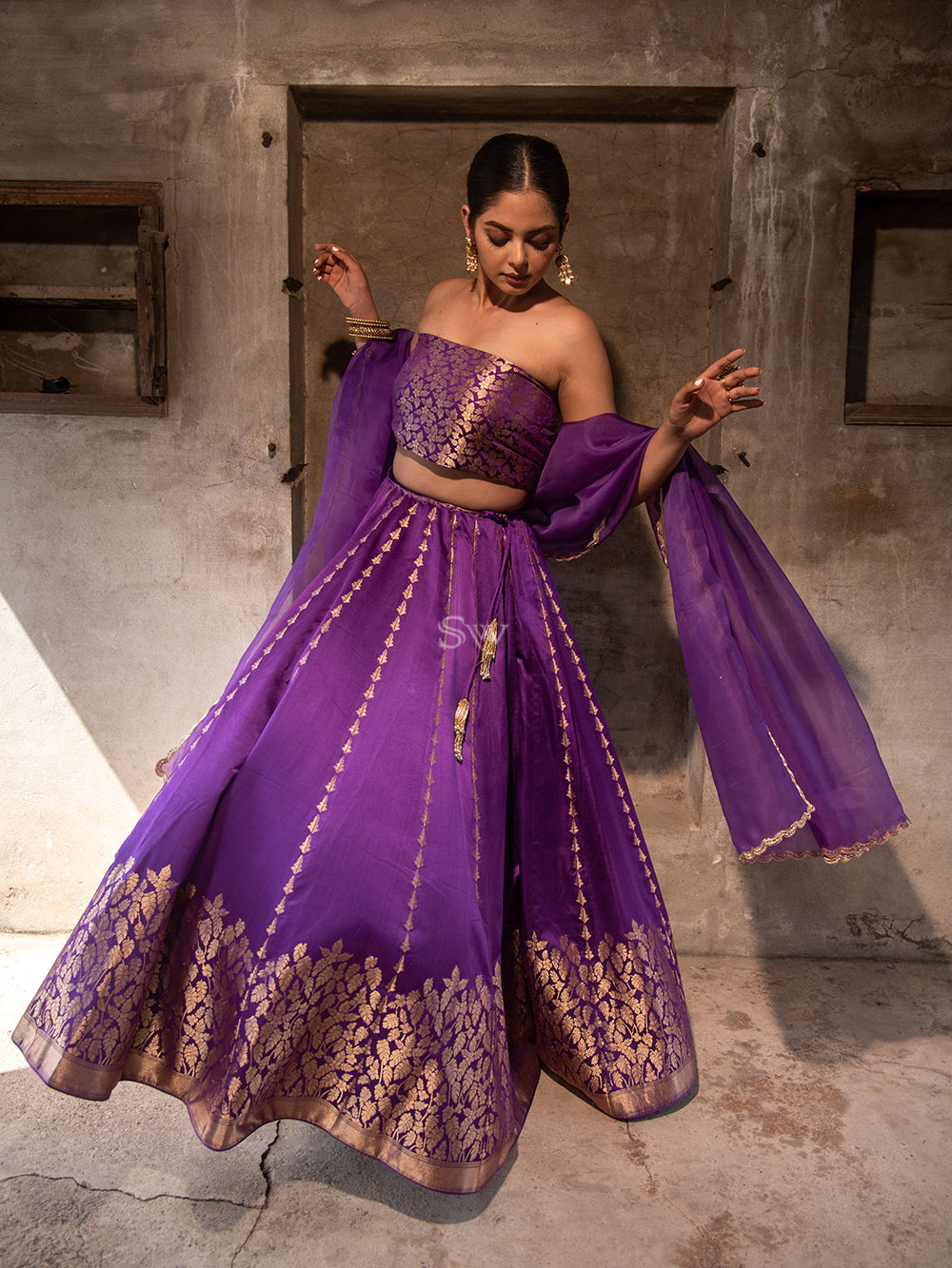 Purple Satin Silk Handloom Banarasi Lehenga - Sacred Weaves