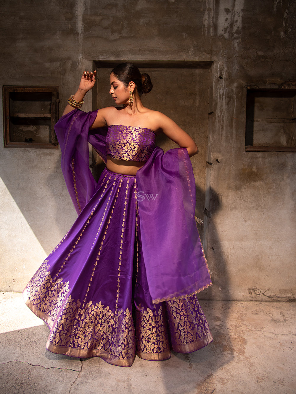 Purple Satin Silk Handloom Banarasi Lehenga - Sacred Weaves