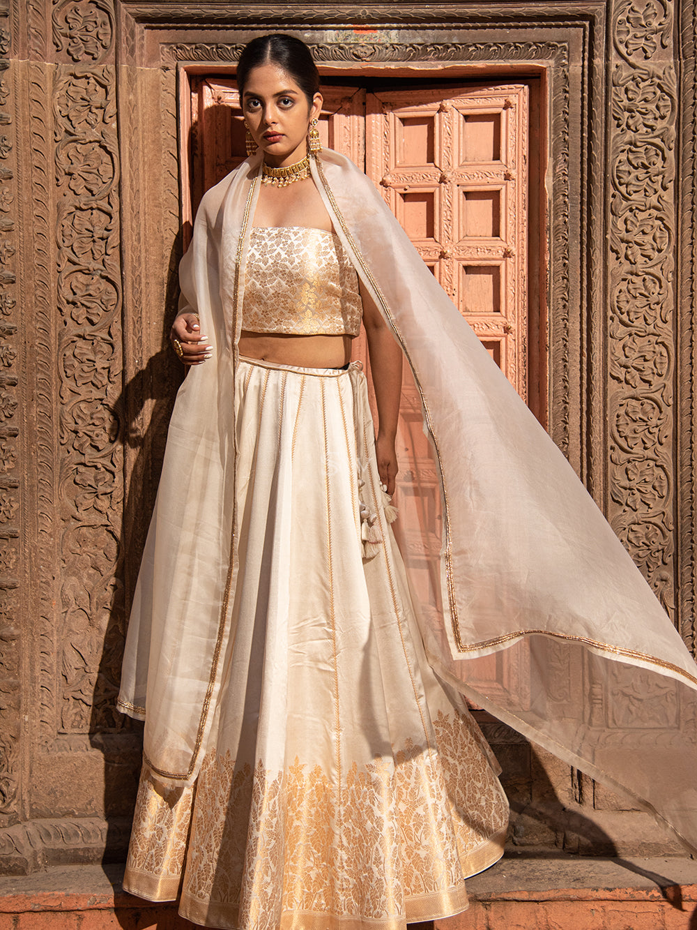 Off White Satin Silk Handloom Banarasi Lehenga - Sacred Weaves