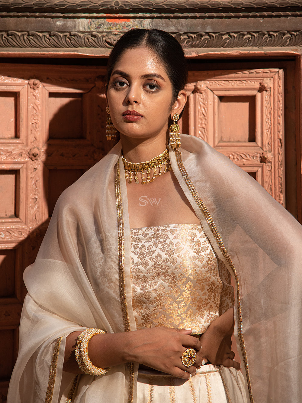 Off White Satin Silk Handloom Banarasi Lehenga - Sacred Weaves