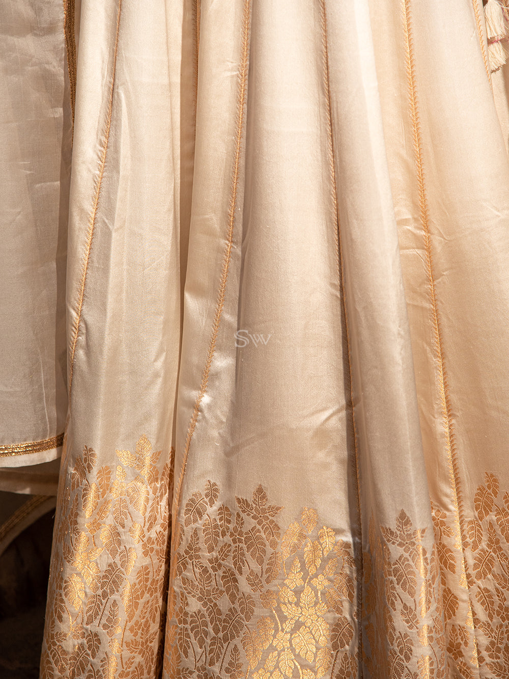 Off White Satin Silk Handloom Banarasi Lehenga - Sacred Weaves