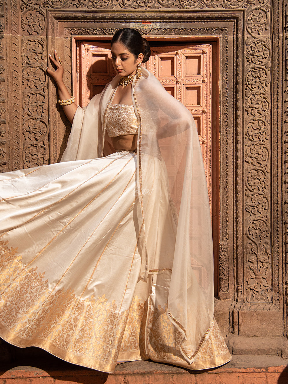 Off White Satin Silk Handloom Banarasi Lehenga - Sacred Weaves