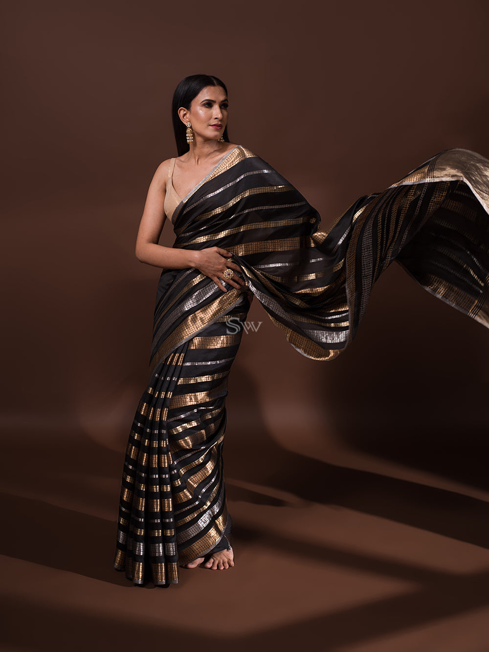Black Stripe Katan Silk Handloom Banarasi Saree - Sacred Weaves