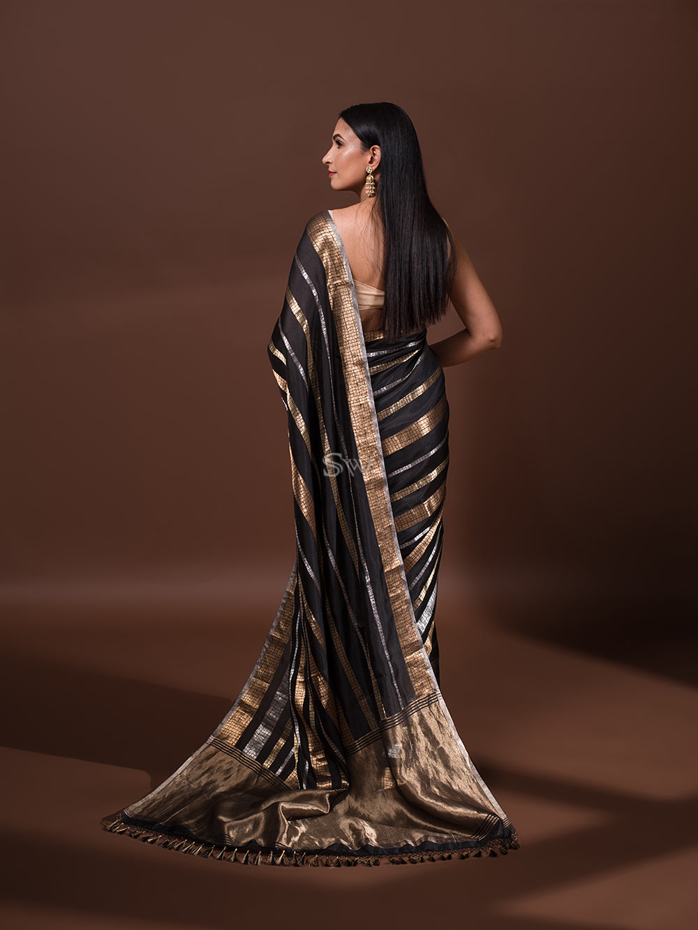 Black Stripe Katan Silk Handloom Banarasi Saree - Sacred Weaves