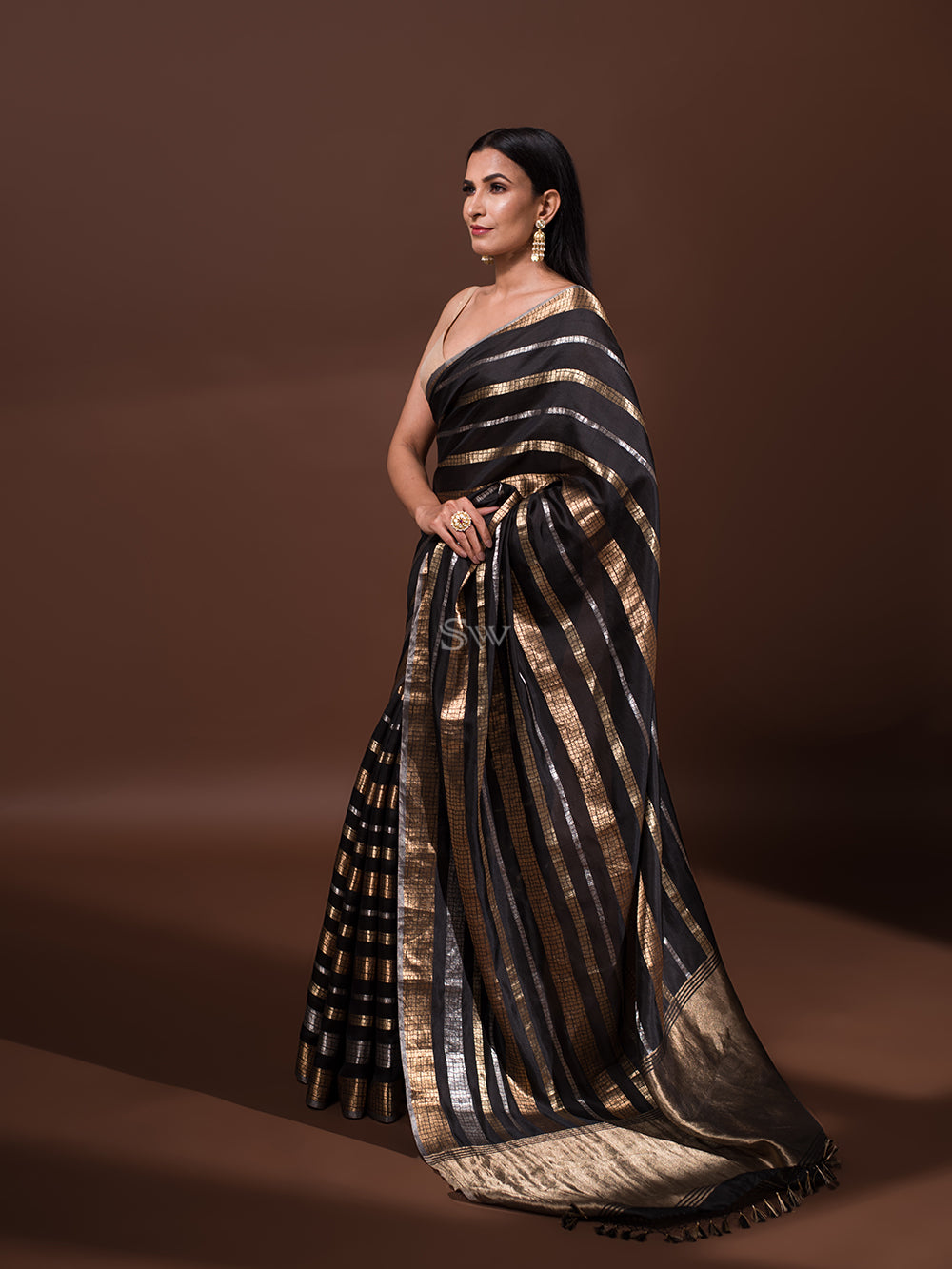 Black Stripe Katan Silk Handloom Banarasi Saree - Sacred Weaves