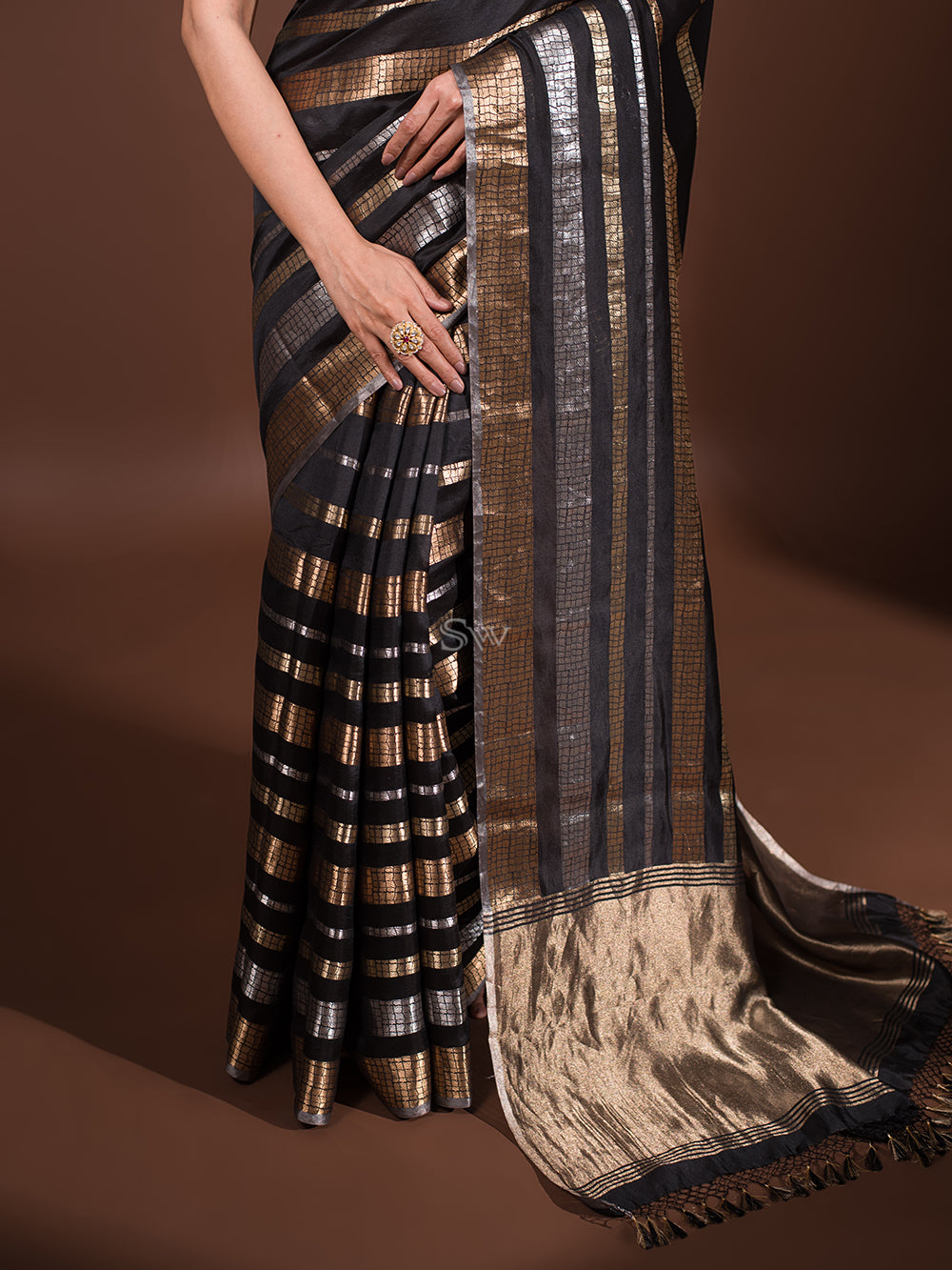 Black Stripe Katan Silk Handloom Banarasi Saree - Sacred Weaves