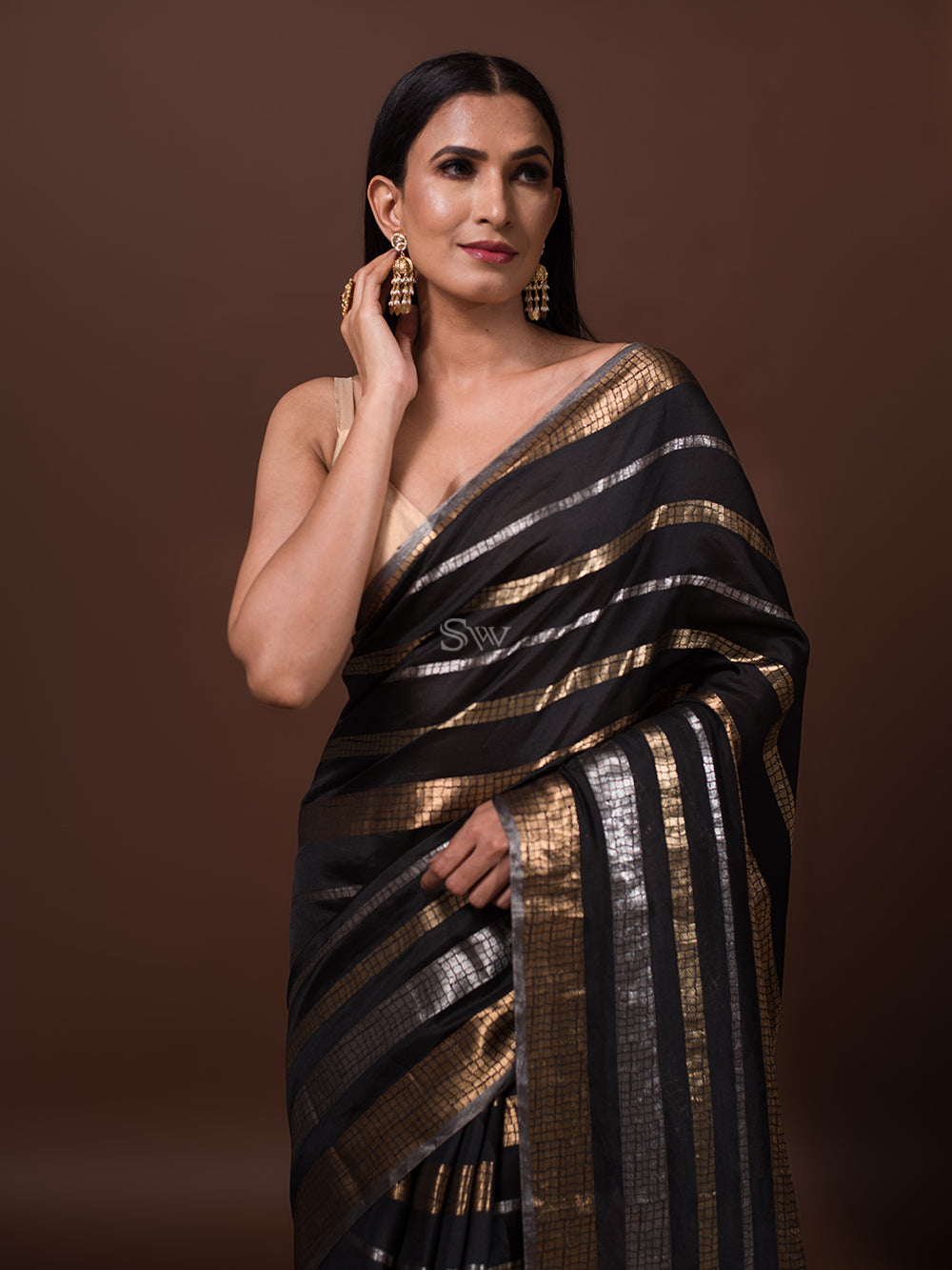 Black Stripe Katan Silk Handloom Banarasi Saree - Sacred Weaves