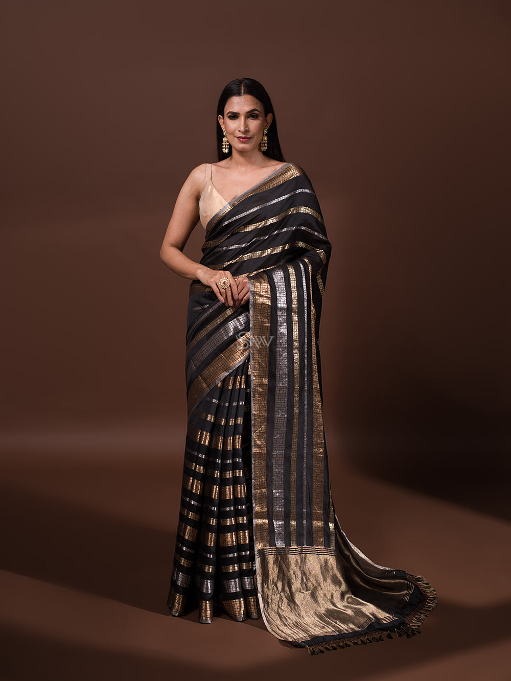 Black Stripe Katan Silk Handloom Banarasi Saree - Sacred Weaves