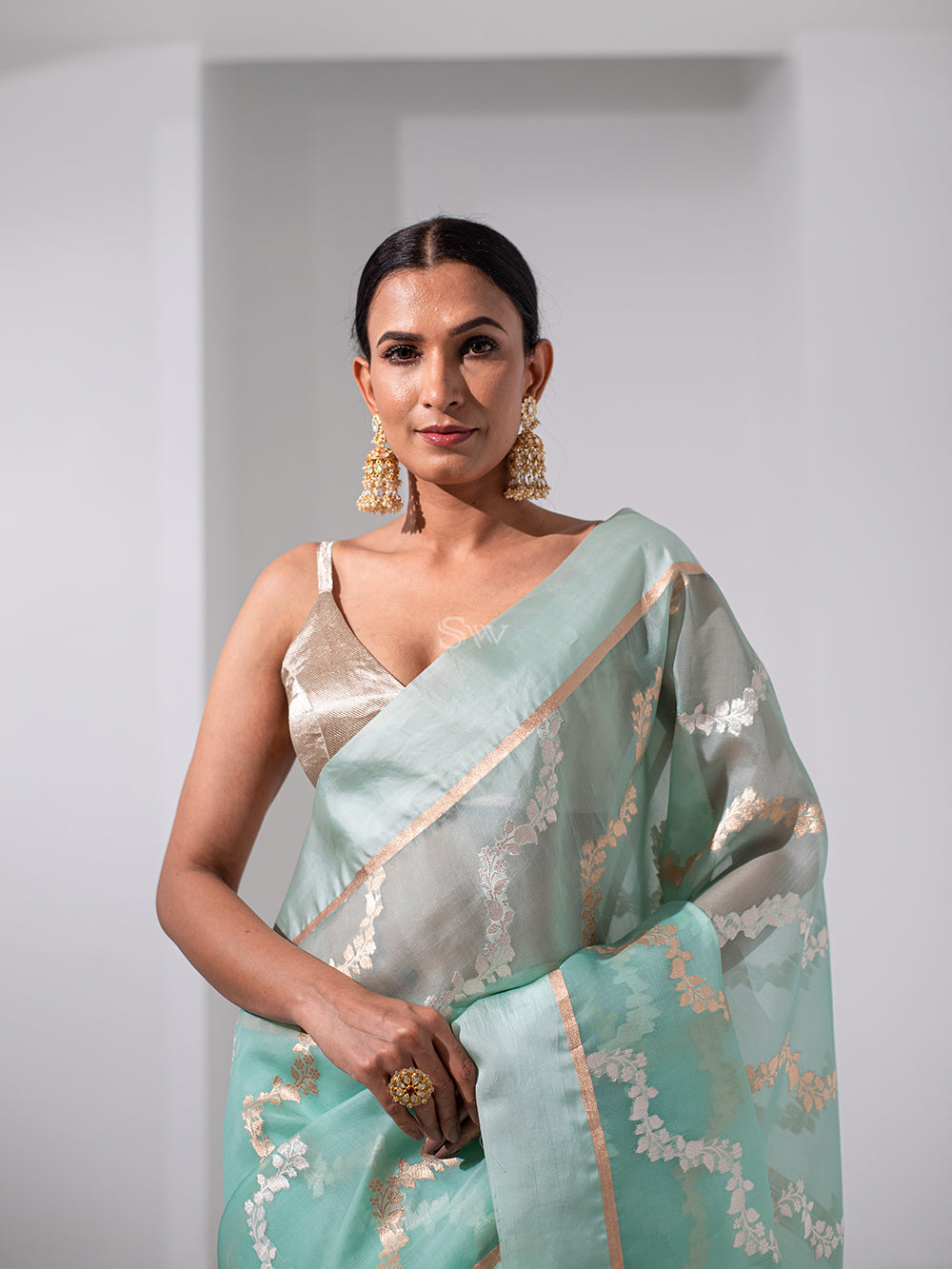 Sea Green Organza Handloom Banarasi Saree - Sacred Weaves