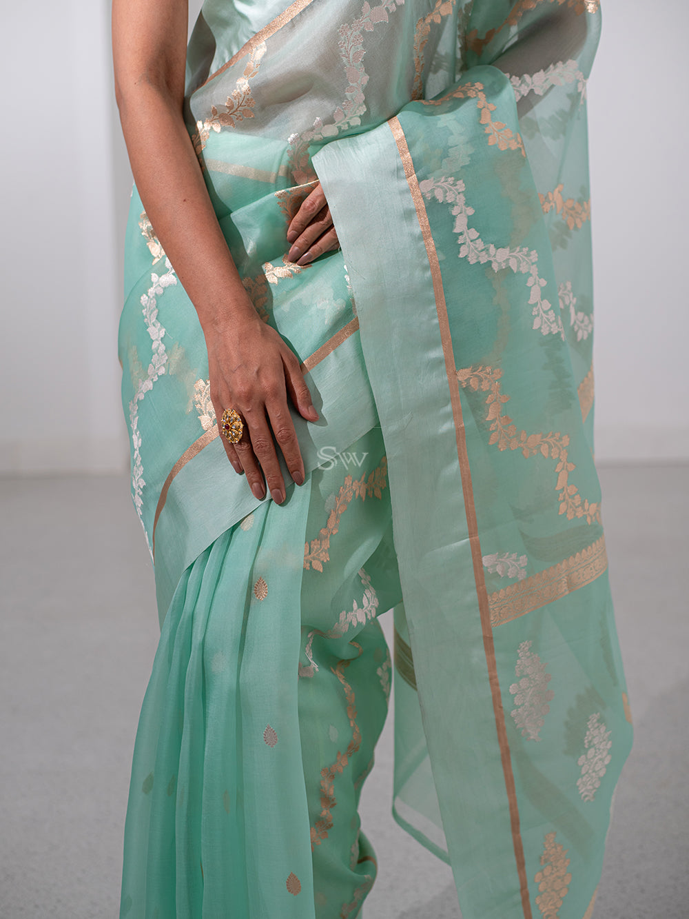 Sea Green Organza Handloom Banarasi Saree - Sacred Weaves