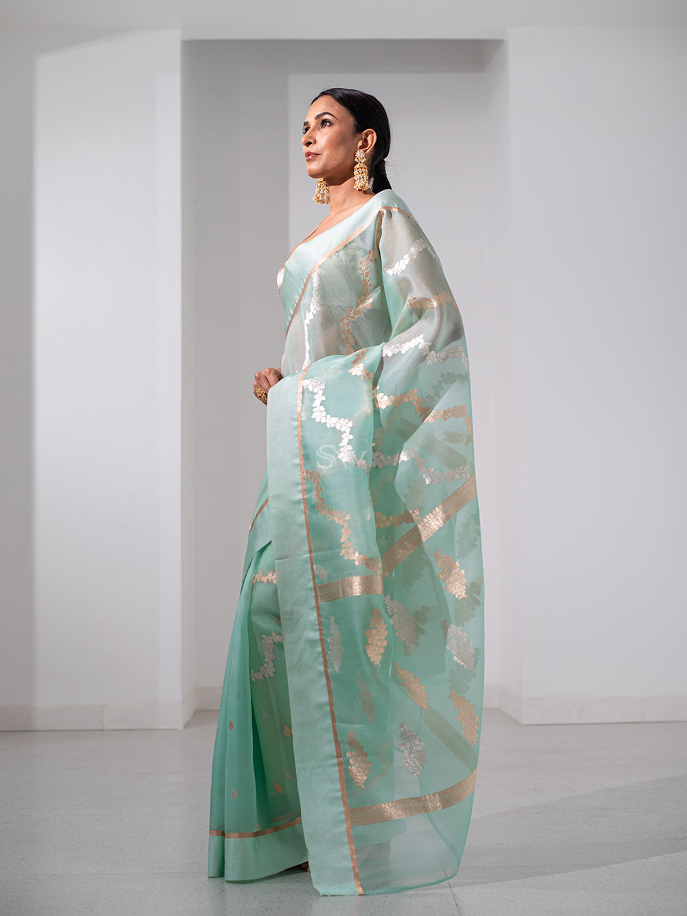 Sea Green Organza Handloom Banarasi Saree - Sacred Weaves